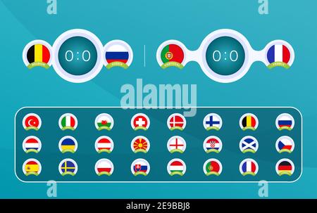 Football 2020 Sport scoreboards templates for the Football Championship 2021 vector stock set with country flag. Design backgrounds and brand elements Stock Vector