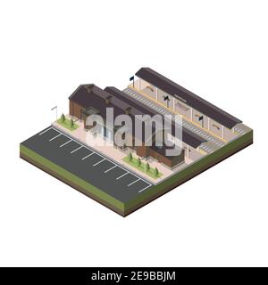 Railway station isometric. Vector isometric element representing railway(train) station with parking and passenger platform. Stock Vector