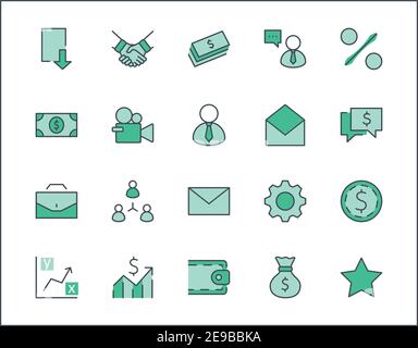 Set of Business vector line icons. It contains symbols of a handshake, a user, dollar pictograms, gears, a briefcase, a bag of money, a schedule and m Stock Vector