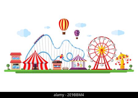 Amusement park with circus carousels roller coaster and attractions. Fun fair and carnival theme landscape. Ferris wheel and merry-go-round festival vector isolated illustration Stock Vector