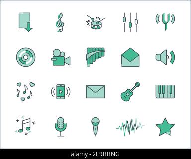 Set of Music Related Vector Line Icons. Contains such Icons as Pan Flute, Piano, Guitar, Treble Clef, In-ear and more. Editable Stroke. 32x32 Pixel Pe Stock Vector