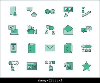 Set of Survey Related Vector Line Icons. Contains such Icons as Smile, Sad, Review, Click, Check, Customer Opinion, Web Survey and more. Editable Stock Vector