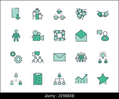 Set of Team Work Related Vector Line Icons. Contains such Icons as Handshake, Check, Idea, Coffee, Gears, Cooperation, Collaboration, Team Meeting and Stock Vector