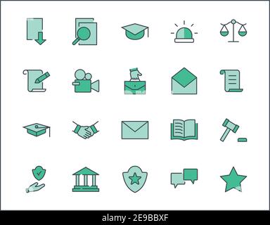Set of Law and justice Vector Line Icons. Contains such Icons as weapon, arrest, authority, courthouse, gavel, legal, weapon and more. Editable stroke Stock Vector