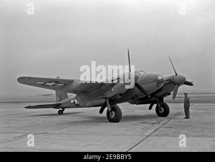 A U.S. Army Air Force De Havilland Canada Mosquito which was flown at the U.S. National Advisory Committee for Aeronautics (NACA) Langley Research Center, Virginia (USA), by test pilot Bill Gray during longitudinal stability and control studies of the aircraft in 1945. This aircraft was originally a Mosquito B Mk XX, the Canadian version of the Mosquito B Mk IV bomber aircraft. 145 were built, of which 40 were converted into photo-reconnaissance aircraft for the USAAF, which designated the planes F-8. 4 January 1945 Stock Photo