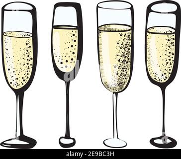 Vector doodle set of champagne wine glasses colored ink illustration of wineglasses drink line on white background Stock Vector