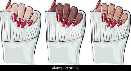 Nails manicure illustration , manicure woman black hand, cosmetology clipart,  Beauty salon fashion , shellac nail polish, acrylic nails gel vector. Stock Vector