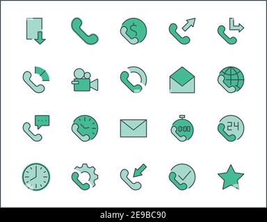 Set of Phone vector line icons. It contains the symbols of incoming, outgoing, missed calls, global call and round the clock online support and much m Stock Vector