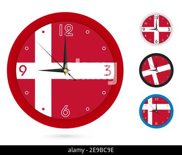 Wall Clock Design with National Flag of Denmark. Four different design. Ready for print. Vector Illustration. Stock Vector