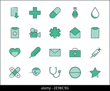Set of Medicine vector line icons. It contains the first aid kit, nurse, syringe, thermometer, plastic, pills, heart, drop of blood, palpitation and m Stock Vector