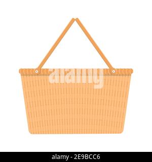 Country wicker picnic basket for Easter brunch, spring or summer outing. Woven willow basket in vintage style isolated on white background. Vector flat cartoon illustration. Stock Vector