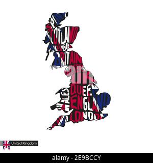 Typography map silhouette of United Kingdom in black and flag colors. Vector Illustration. Stock Vector