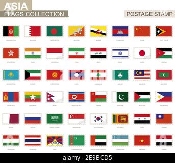 Postage stamp with Asia flags. Set of 48 Asian flag. Vector Illustration. Stock Vector