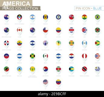 America flags collection. Big set of blue pin icon with flags of American countries. Vector Illustration. Stock Vector