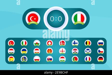 Football 2020 Sport scoreboards templates for the Football Championship 2021 vector stock set with country flag. Design backgrounds and brand elements Stock Vector
