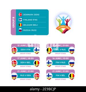 Football 2020 tournament final stage group B vector stock illustration with matches schedule. 2020 European soccer tournament with background. Vector Stock Vector