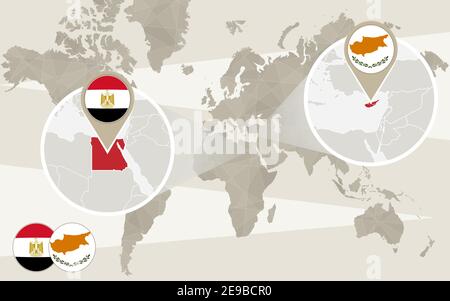 World map zoom on Egypt, Cyprus. Hijack. Egypt map with flag. Cyprus map with flag. Vector Illustration. Stock Vector
