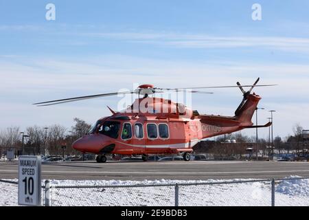 Ornge helicopter on hospital helipad Stock Photo