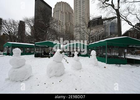 People are seated under indoor dining tents set up outside Shake Shack restaurant in Madison Square Park after winter storm Orlena covered New York City in nearly two feet of snow, New York, NY, February 3, 2021. Mayor Bill de Blasio had ordered all outdoor dining suspended and shelters taken down or reinforced before the start of the storm. (Photo by Anthony Behar/Sipa USA)