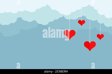 Blue clouds with hanging red hearts cartoon style. Background for Valentine day with place for text. Cloudy sky, heaven scene layered effect. Love romantic panorama for poster. Vector illustration Stock Vector