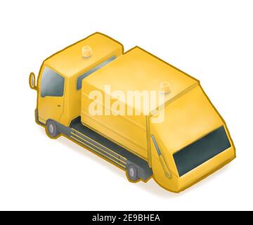 Yellow garbage truck car, a digital painting of waste container dump-truck vehicle isometric cartoon icon raster illustration isolated on white backgr Stock Photo
