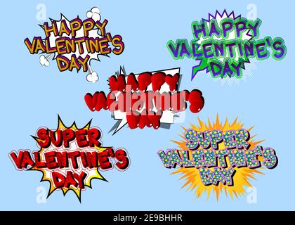 Set of comic book Valentine's Day greeting icons on cartoon explosion bubble background. Comic sound effects in pop art style. Vector illustration. Stock Vector