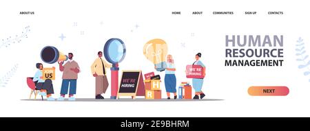 set mix race hr managers holding we are hiring join us posters vacancy open recruitment human resources concept horizontal full length copy space vector illustration Stock Vector