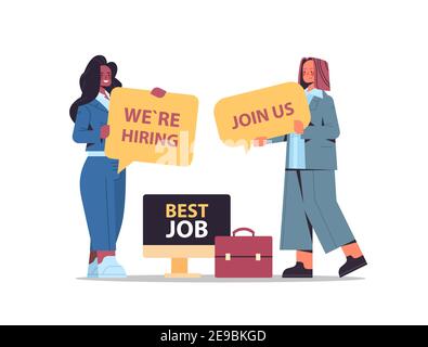 mix race businesswomen hr managers holding we are hiring join us posters hr vacancy open recruitment human resources concept full length vector illustration Stock Vector