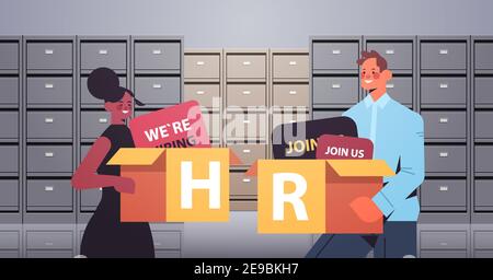 mix race HR managers couple holding cardboard boxes human resources recruitment concept filing wall cabinet data archive storage interior horizontal portrait vector illustration Stock Vector