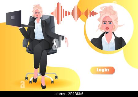 businesswoman using laptop business woman having video call online communication concept full length horizontal vector illustration Stock Vector