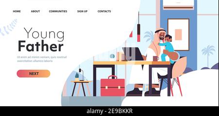 arab father sitting at workplace with little son fatherhood parenting concept dad spending time with his kid at home living room interior horizontal full length copy space vector illustration Stock Vector
