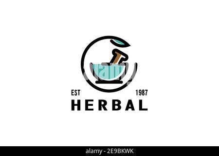 Traditional herbal medicine logo, bowl and pestle icon in line art vintage design concept, modern and elegant brand identity. Stock Vector