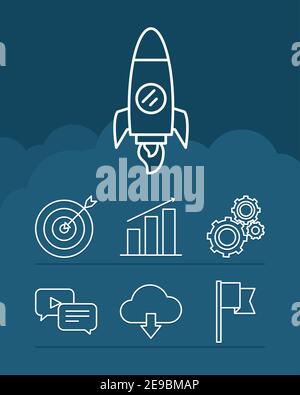 rocket and target icon set over white background, line style, vector ...