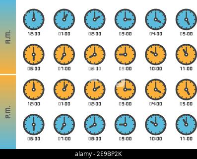 analog clock and time 24 hours icon set,vector and illustration Stock Vector
