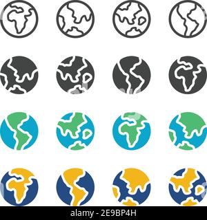 earth and globe in flat,outline,day mode,night mode style icon set,vector and illustration Stock Vector