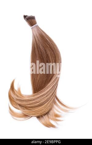 A cut strand of female hair of light color, isolated on a white background. Stock Photo