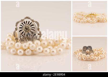 A collage of lustrous pearls and broach on a white background Stock Photo