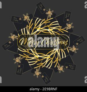 Christmas Vector Illustration with presents and gold wreath on a dark background Stock Vector