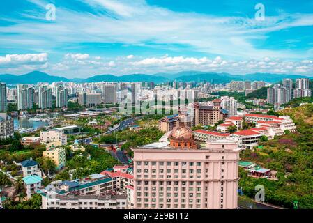 Sanya city, Hainan island. View of the city center from above. Horizontal shot. Hainan is a paradise island in China. Stock Photo