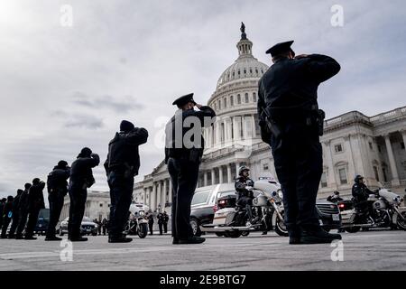 Washington, United States. 03rd Feb, 2021. US Capitol Police participate in a departure ceremony for the late Capitol Police officer Brian Sicknick who lay in honor in the Rotunda of the Capitol in Washington, DC, USA on February 3, 2021. Officer Sicknick died on January 7th after engaging with rioters on January 6th while protecting the Capitol. Photo by Erin Schaff/Pool/ABACAPRESS.COM Credit: Abaca Press/Alamy Live News Stock Photo
