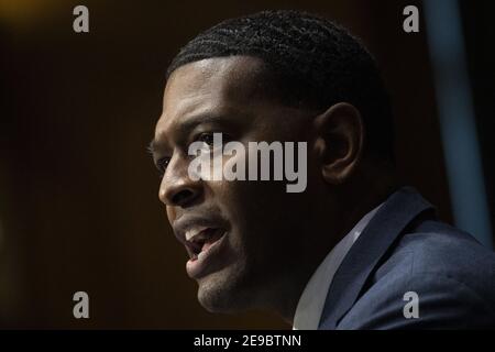 Washington, United States. 03rd Feb, 2021. Michael Stanley Regan speaks during his nomination hearing before the Senate Environment and Public Works Committee to be Administrator of the Environmental Protection Agency in Washington, DC, USA on Wednesday, February 3, 2021. Photo by Caroline Brehman/Pool/ABACAPRESS.COM Credit: Abaca Press/Alamy Live News Stock Photo