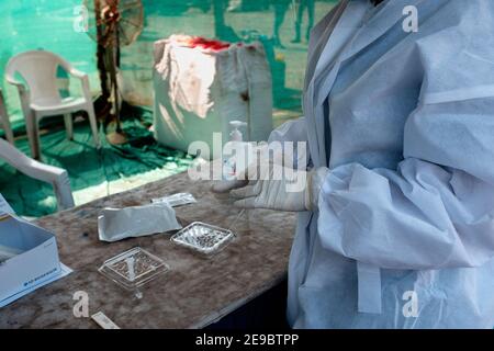 A health worker in Ahmedabad prepares to use instant antigen test for Covid 19 Stock Photo