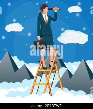 Businesswoman with briefcase on ladder looking for opportunities in spyglass. Business woman look up to the target. Success, achievement, business vision career goal. Flat vector illustration Stock Vector
