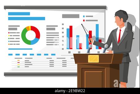 Businesswoman in suit giving presentation with projector screen. TV screen with financial report and lecturer. Training staff, meeting, report, business school. Vector illustration in flat style Stock Vector