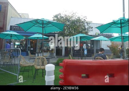 West Hollywood, California, USA 3rd February 2021 A general view of atmosphere of outdoor dining tables in street on February 3, 2021 in West Hollywood, California, USA. Photo by Barry King/Alamy Stock Photo Stock Photo