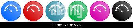 Speed meter, fast indicator vector icons, set of circle gradient buttons in 6 colors options for webdesign and mobile applications Stock Vector