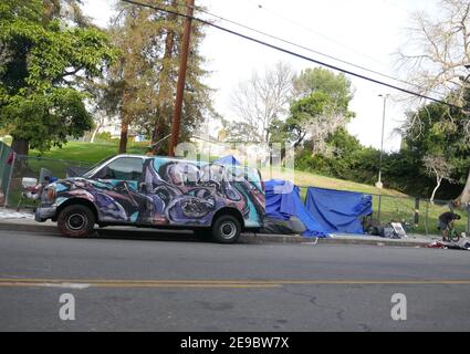 Los Angeles, California, USA 3rd February 2021 A general view of atmosphere of Homeless camp tents on February 3, 2021 in Los Angeles, California, USA. Photo by Barry King/Alamy Stock Photo Stock Photo