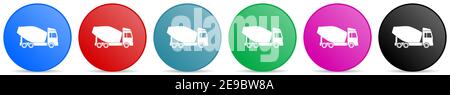 Concrete mixer, truck, vehicle conept vector icons, set of circle gradient buttons in 6 colors options for webdesign and mobile applications Stock Vector