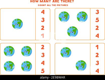 Count all planets Earth and write the correct number into box. Counting game for kids. Stock Vector