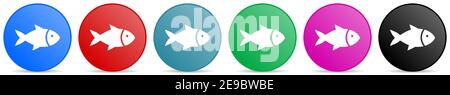 Fish, sea, animal, seafood, nature, food vector icons, set of circle gradient buttons in 6 colors options for webdesign and mobile applications Stock Vector
